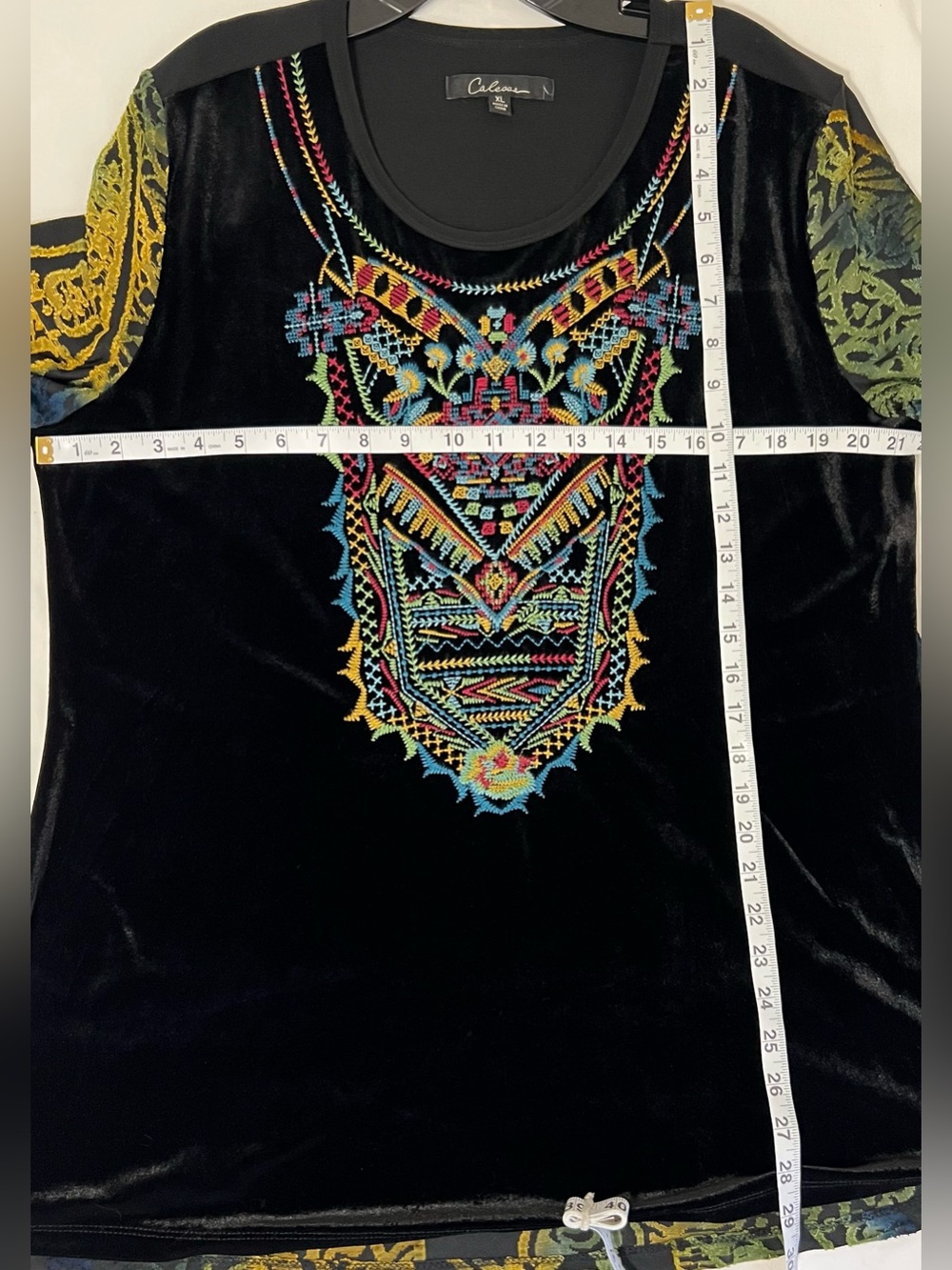 Caleesa XL Black Velour Embroidered Sheer Sleeve Boho Tunic Made USA - Picture 4 of 5